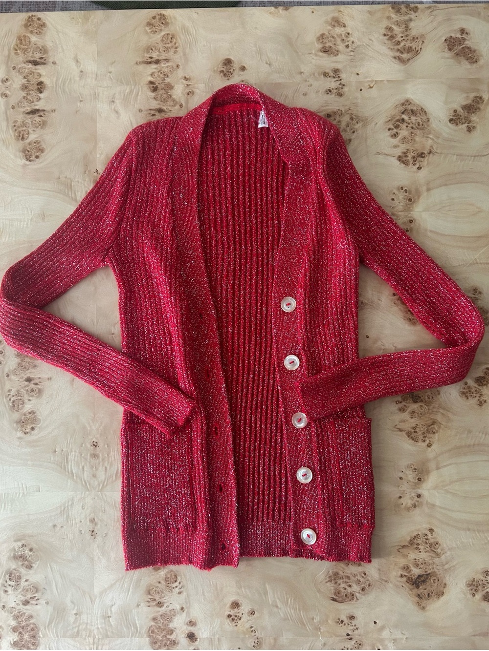 Vintage Red Sparkle Open-Front Women's Cardigan Sweater